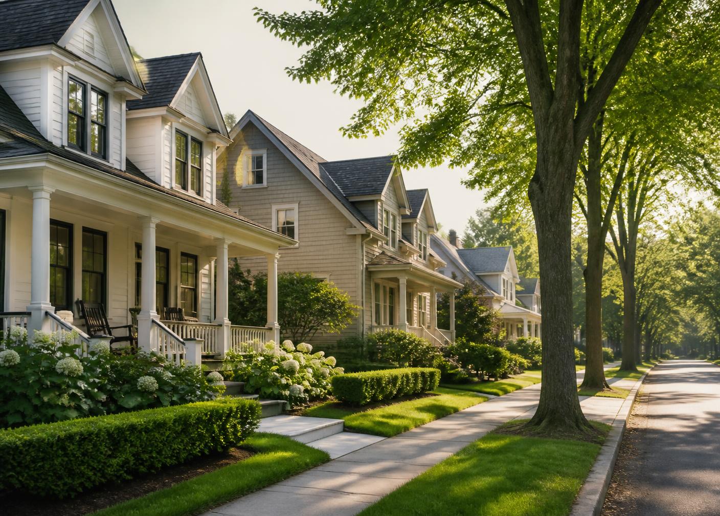 Tree-lined residential street with classic American homes in morning light